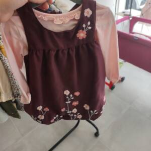 Robe + sous pull bordeaux fleur 12m collant rose Tex 6-12 mois