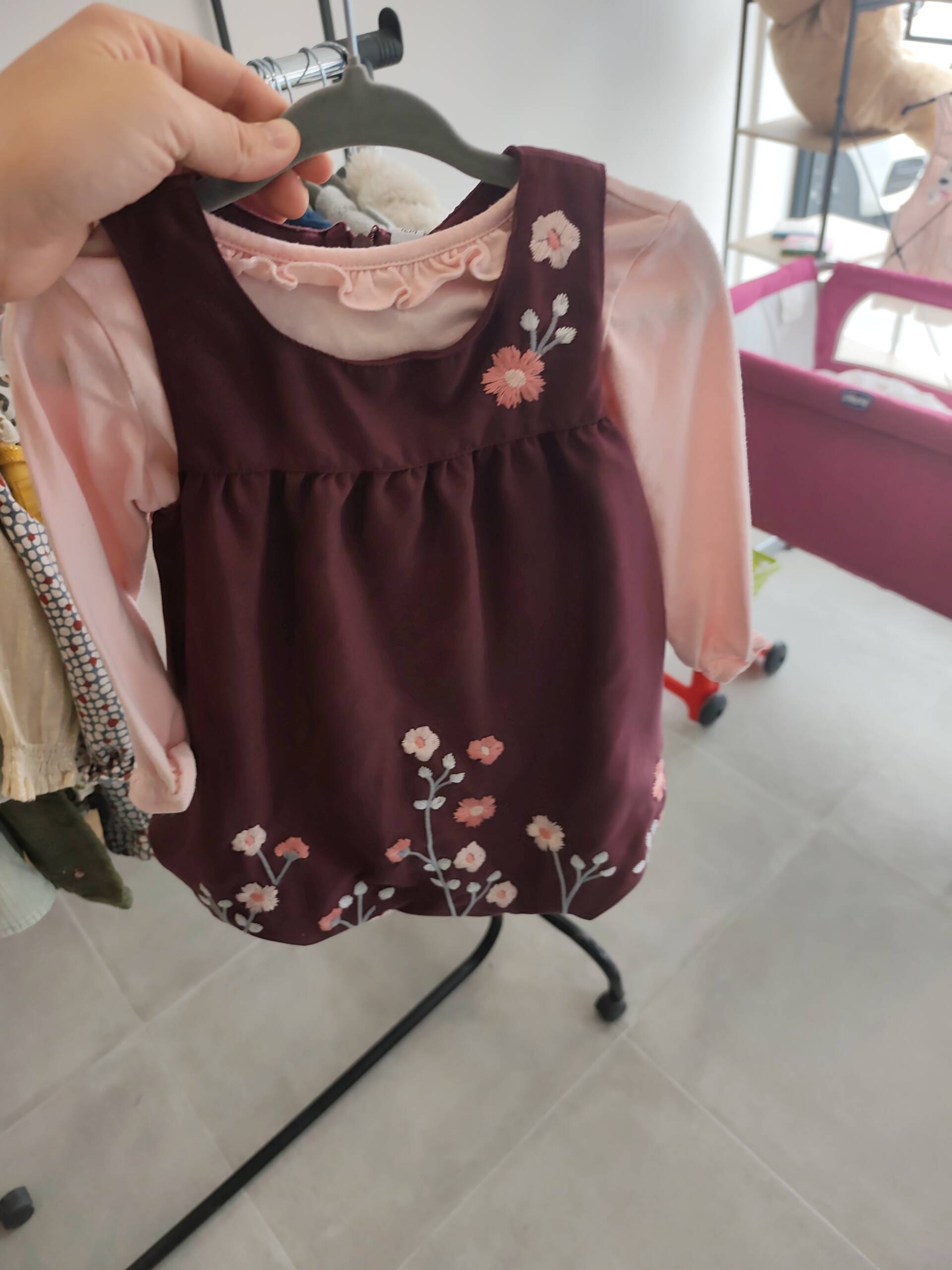 Robe + sous pull bordeaux fleur 12m collant rose Tex 6-12 mois