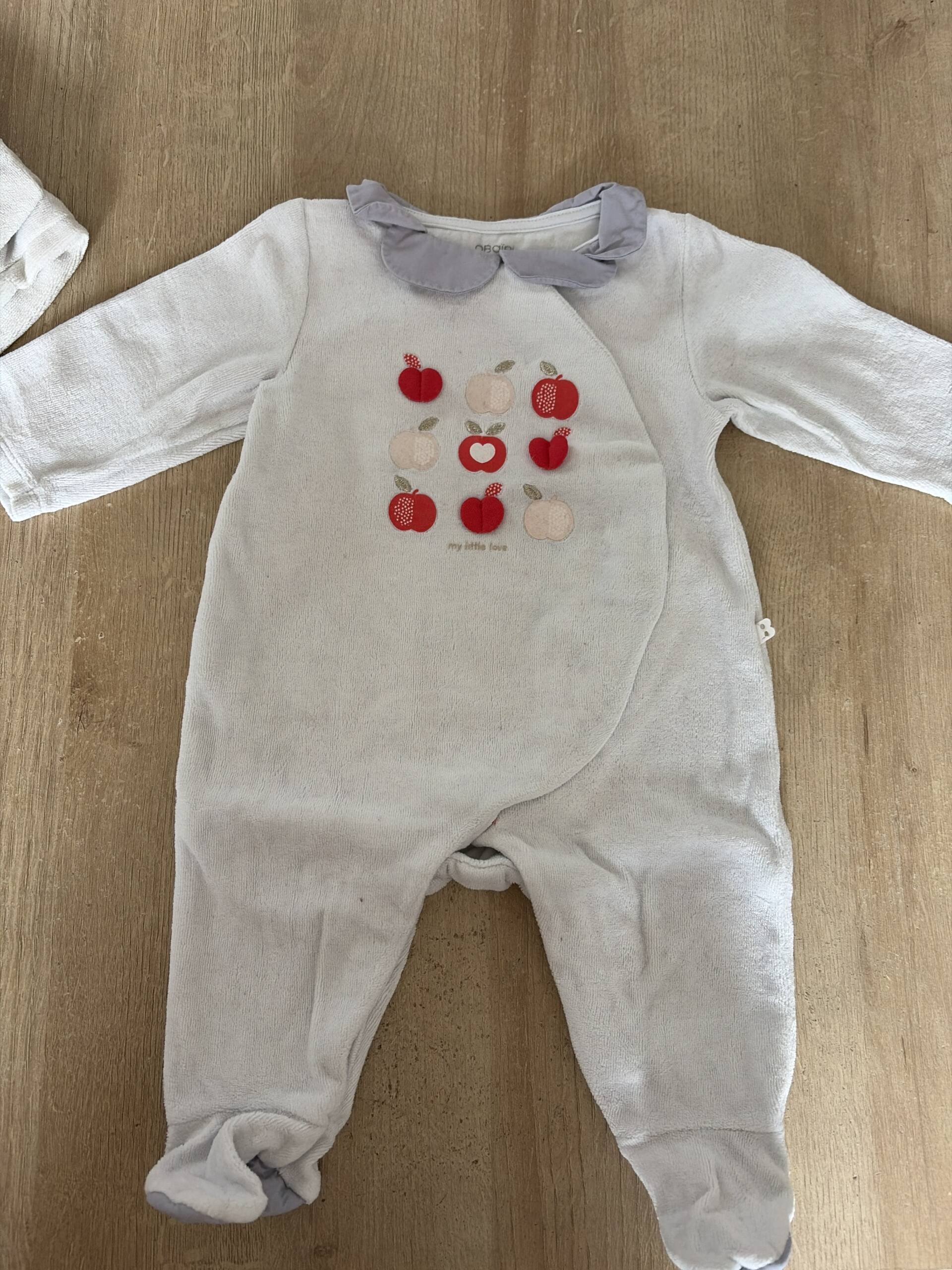 Pyjama velours blanc pomme Obaïbi 3 mois 62 cm Obaïbi 0-3 mois